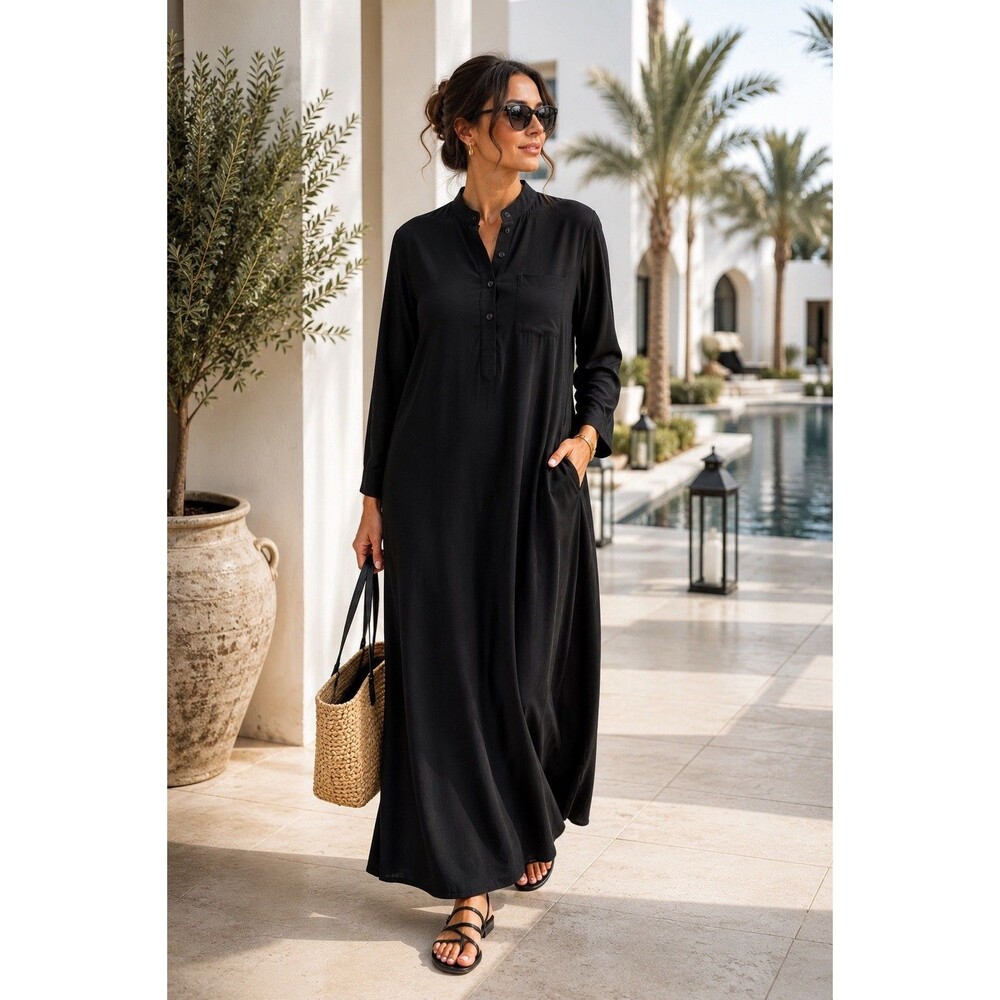 Womens Black Maxi Dress Long Sleeve Modest Abaya Style Button Front Pocket - Picture 5 of 10